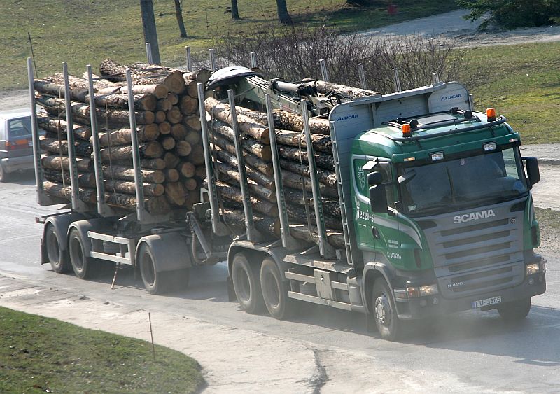 Kravas automašīna, kas ved baļķus.