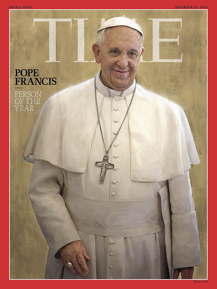 This image obtained December 11, 2013 courtesy of TIME Magazine shows the 2013 Person of the Year cover with Pope Francis. Time magazine on Wednesday named Pope Francis its person of the year, saying that in nine months in office the head of the Catholic Church had become a new voice of conscience. “For pulling the papacy out of the palace and into the streets, for committing the world’s largest church to confronting its deepest needs and for balancing judgment with mercy, Pope Francis is TIME’s 2013 Person of the Year,” wrote managing editor Nancy Gibbs.”Rarely has a new player on the world stage captured so much attention so quickly — young and old, faithful and cynical — as Pope Francis. AFP PHOTO/TIME MAGAZINE/JASON SEILER/HANDOUT = RESTRICTED TO EDITORIAL USE – MANDATORY CREDIT “AFP PHOTO / TIME MAGAZINE / JASON SEILER /HANDOUT” – NO MARKETING NO ADVERTISING CAMPAIGNS – DISTRIBUTED AS A SERVICE TO CLIENTS =