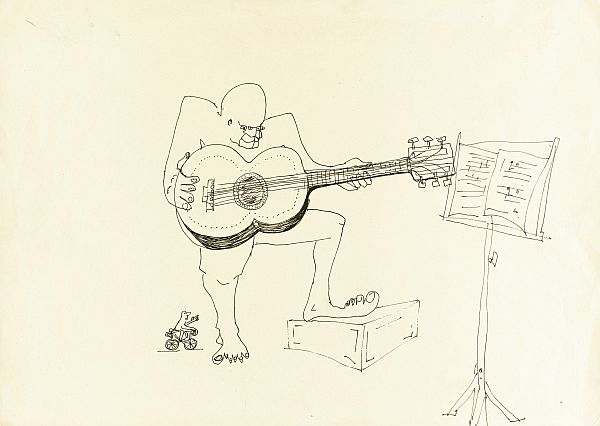 epa04231363 An undated handout picture made available on 29 May 2014 by Sotheby’s auction house in New York, USA shows an untitled ink drawing of a four-eyed guitar player by British musician John Lennon. The item is estimated to fetch between 15,000 and 25,000 US dollars during an upcoming auction that will take place at Sotheby’s New York on 04 June 2014. EPA/SOTHEBY’S AUCTION HOUSE HANDOUT EDITORIAL USE ONLY/NO SALES