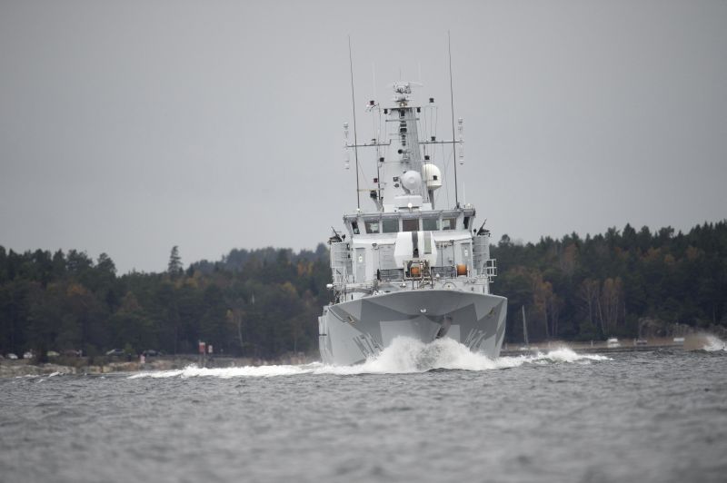 The Swedish minesweeper HMS Kullen under way on the Namdo Bay on October 21, 2013 on their fifth day of searching for a suspected foreign vessel in the Stockholm archipelago. The defence forces are on their fifth day of searching for a suspected foreign vessel in the Stockholm archipelago.