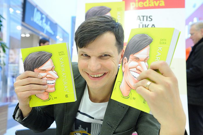 Karikatūrista Gata Šļūkas otrās grāmatas atvēršana tirdzniecības parkā “Alfa”.