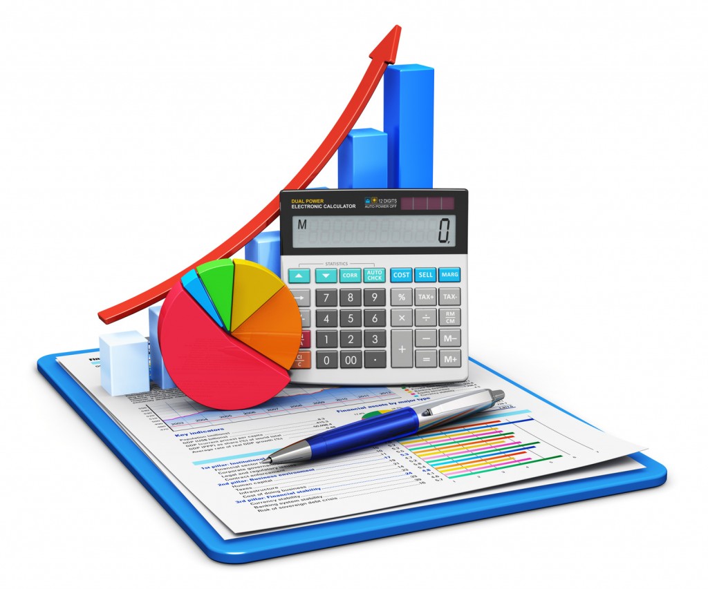 Business finance, tax, accounting, statistics and analytic research concept: office electronic calculator, bar graph and pie diagram and pen on financial reports in clipboard with colorful data isolated on white background