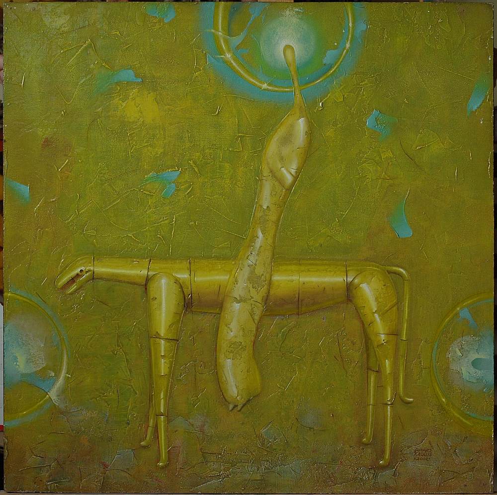 Gunārs Krollis “Bēgšana uz Ēģipti”. 2002. g. Kartons, eļļa. 80 x 80 cm.