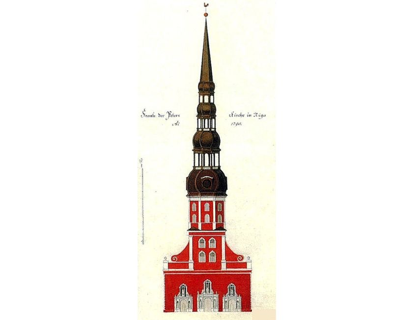 Pēterbaznīcas tornis 18. gs. beigās.