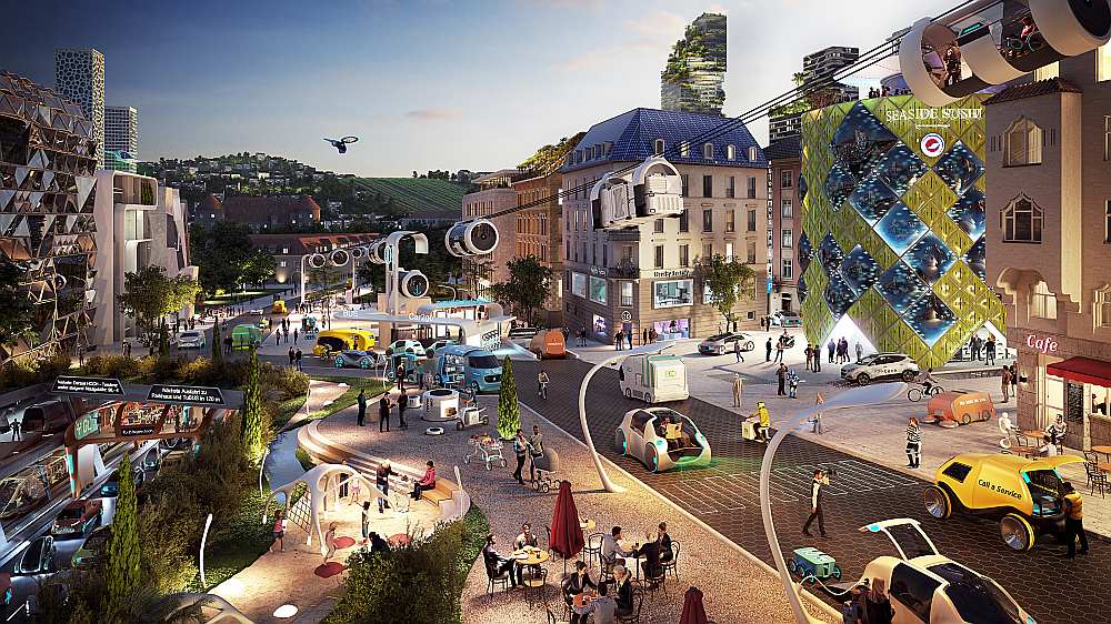 Tā “Daimler” koncerna vīzijā 2036. gadā izskatīsies Štutgartes centrs.