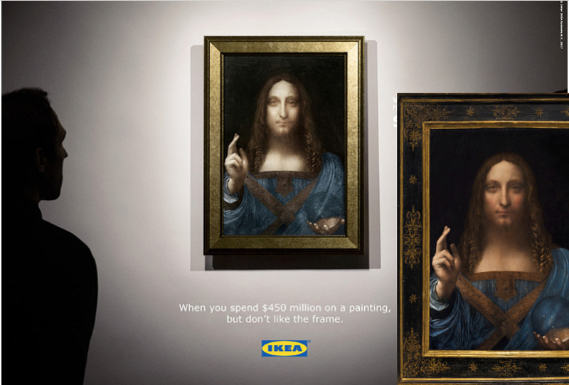 “Salvator Mundi” ar oriģinālo rāmi (lejā pa labi) un “Ikea” versijā (centrā).