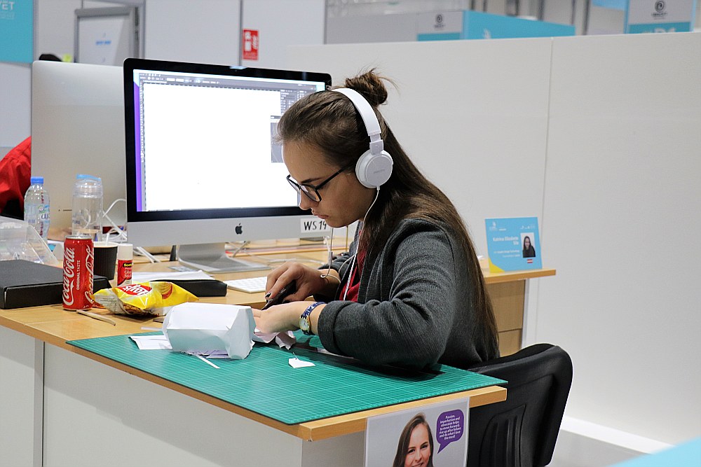 “Worldskills” konkursā Katrīnai Elizabetei nācās pierādīt savas spējas logo izstrādē, žurnāla maketēšanā un pat papīra konstruktoru veidošanā.
