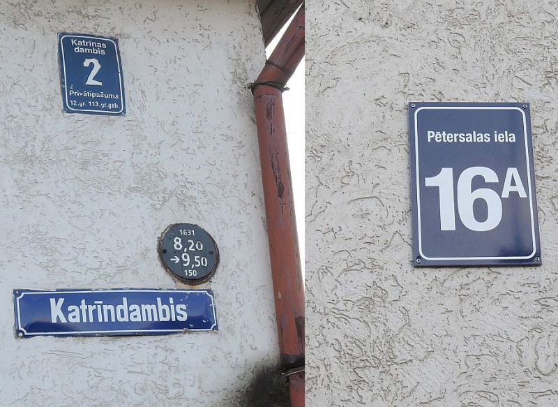 Uz Pētersalas ielas 16A nama viena stūra vecā adrese, uz otra – jaunā.