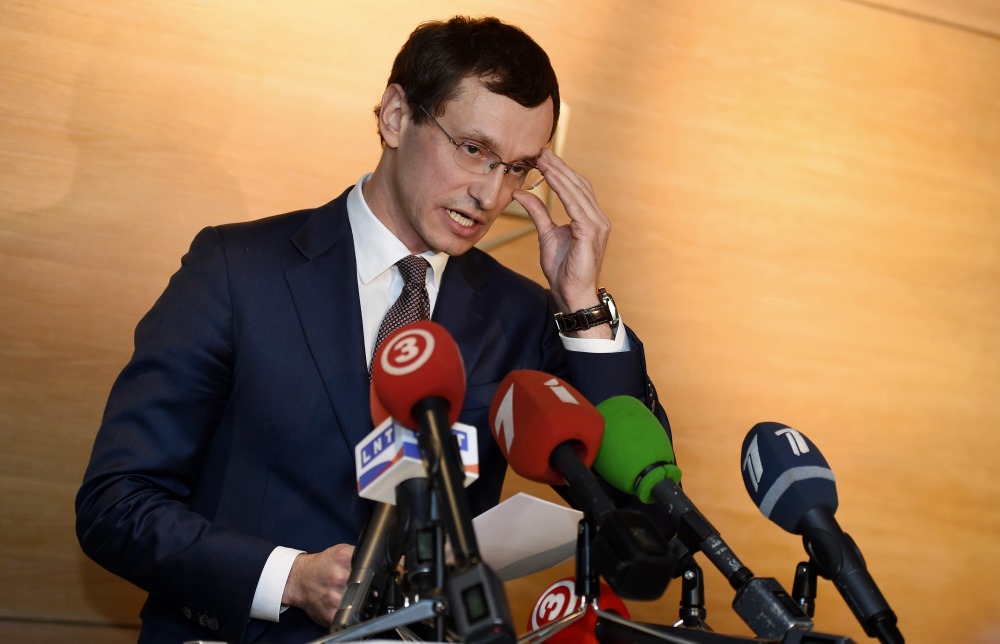 “ABLV” bankas izpilddirektora vietnieks Vadims Reinfelds preses konferencē 14.02.2018.