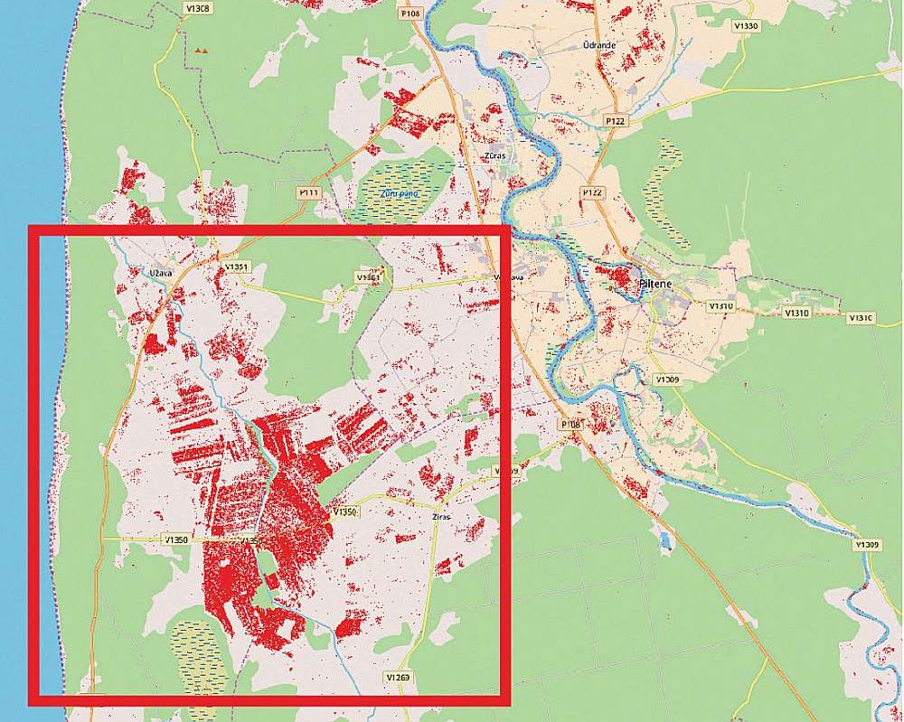Ventspils novada Užavas apkaimes plūdu skartās teritorijas dažādos laika posmos. Plūdi attēloti uz “OpenStreetMap” kartes slāņa.