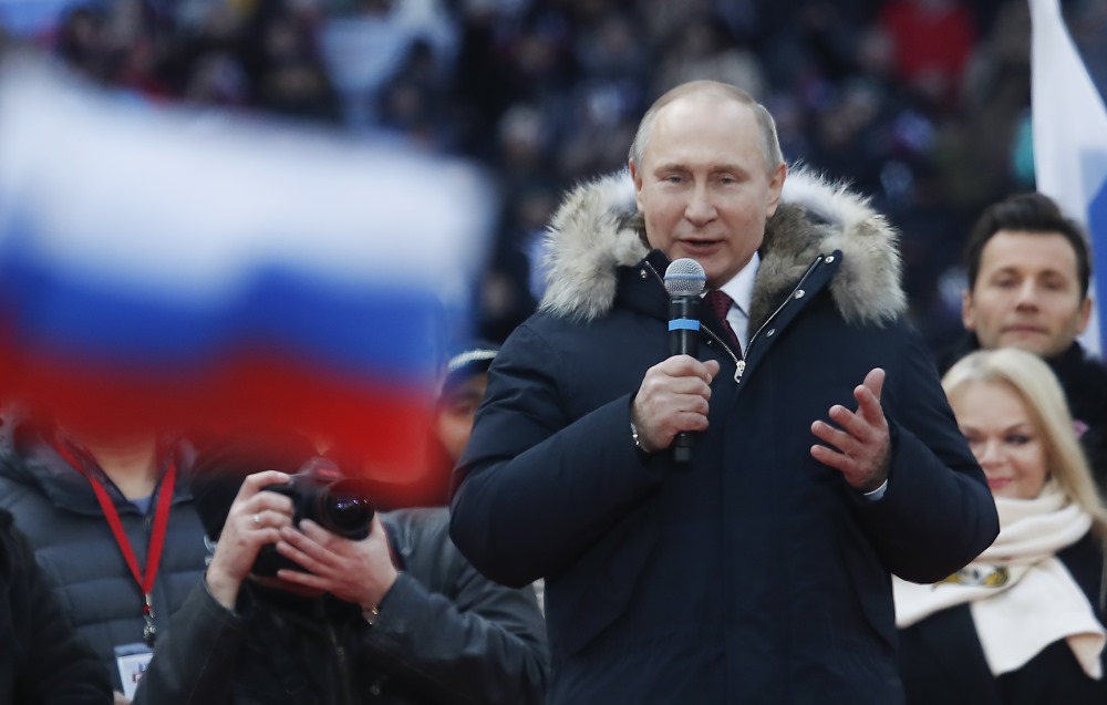 Krievijas prezidents Vladimirs Putins uzstājas priekšvēlēšanu kampaņā Maskavā, 03.03.2018.