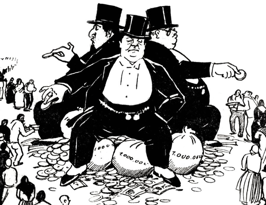 “Bankas direktoru koris: “Uz latvju zelta sēdēdams/ Pa latam tautai atmezdams.” “Aizkulises” šādi ironizē par banku alkatību, citējot Saeimas deputāta Ādolfa Klīves teikto 1931. gada 21. jūlija Saeimas sēdē: “Latvijas krīzē vainīgas pašas saimnieciskās organizācijas un bankas, kas pieckārtīgi un pat desmitkārtīgi pasliktinājušas mūsu saimniecisko stāvokli.”
Runa ir par to, ka pēc Latvijas Bankas veiktās kredītu restrikcijas 1931. gadā privātbankas saviem parādniekiem atprasījušas daudz vairāk, nekā bijis vajadzīgs.