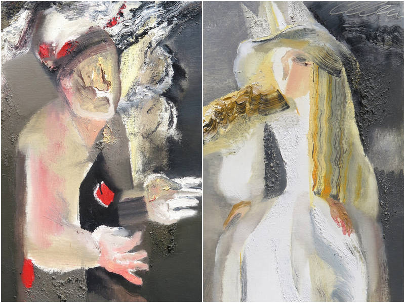 Intas Celmiņas gleznas “Burvis” (2017) un “Princese” (2018).