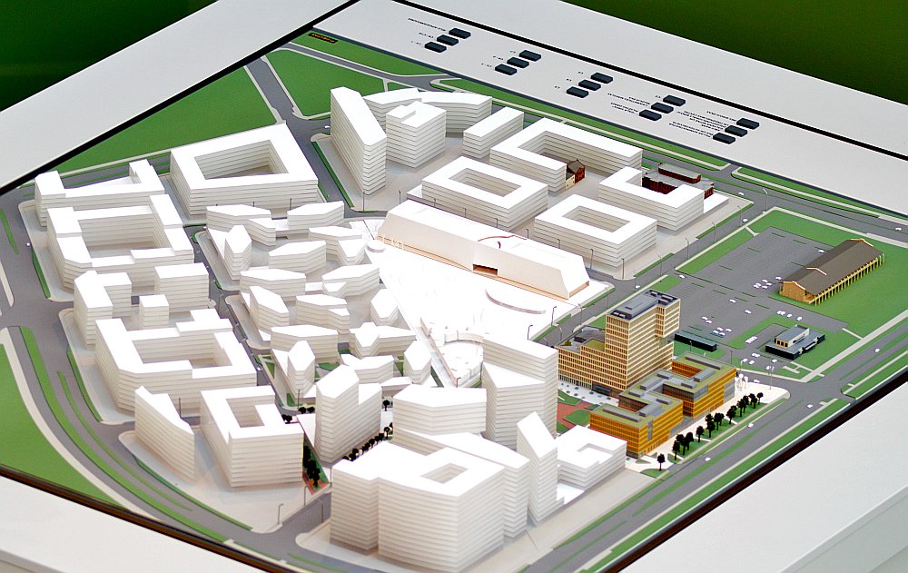Sākotnēji plānotā “New Hanza City” centrālā kvartāla makets.