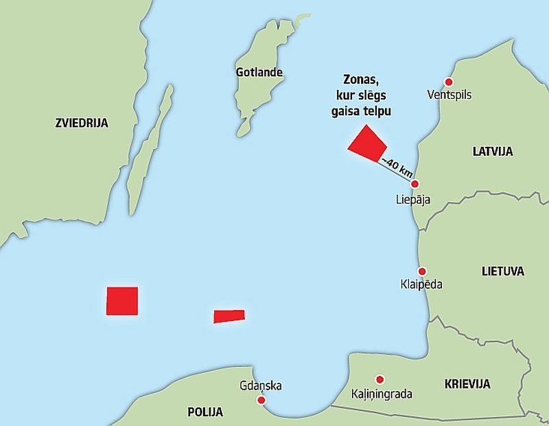 Krievijas raķešu šaušanas zonas Baltijas jūrā.
Krievijas Jūras spēki 4. – 6. aprīlī Baltijas jūrā, tajā skaitā virs Latvijas ekskluzīvās ekonomiskās zonas, plāno veikt raķešu šaušanas pārbaudi. Krievijas puse aicinājusi Latviju gaisa telpu 18 kilometru augstumā šajā zonā, kas ir aptuveni 40 kilometrus no Latvijas krasta līnijas. Arī Zviedrijas aviācijas dienests publicējis brīdinājumu civilajai aviācijai par Krievijas raķešu šaušanu Kaļingradas rajonā. Šaušanas zona iesniegšoties 18 km tālu neitrālajos ūdeņos Zviedrijas virzienā. Lidojumiem civilajai aviācijai tiks slēgti visi augstumi aptuveni līdz 20 km augstumam.