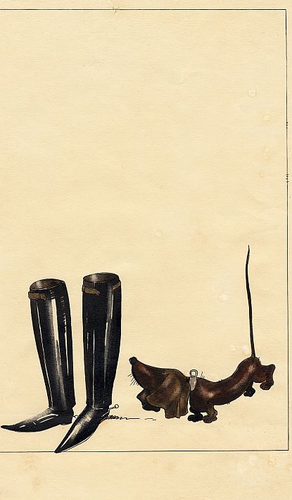 Kārlis Padegs. Zābaki un suns. 1935. Papīrs, tuša, akvarelis. LNMM kolekcija.
