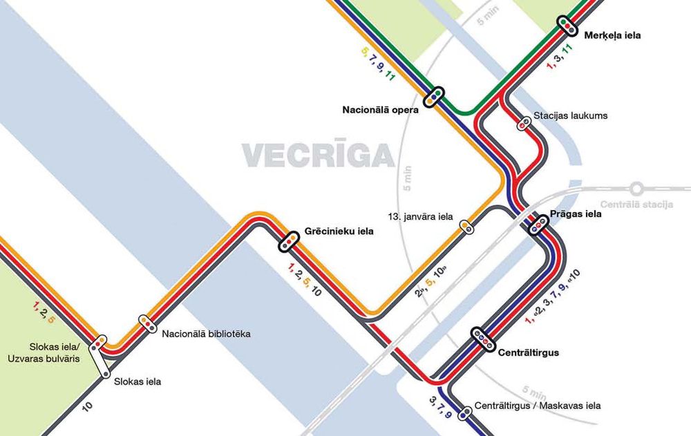 “Rīgas satiksmes” plānotā tramvaju maršrutu shēma pēc 1. marta.
