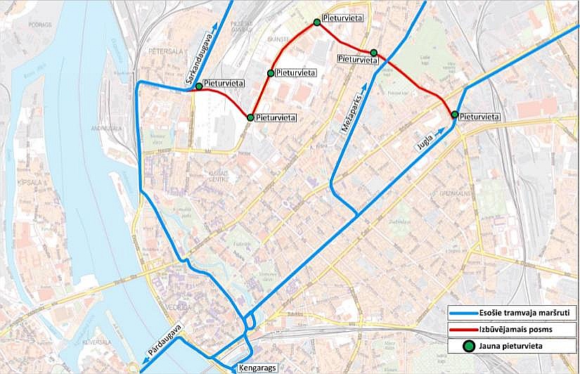 Esošais tramvaja maršrutu tīkls un iecerētais Skanstes tramvaja posms. Skanstes tramvaja līnijas būvprojekta laikā ir plānota 3,6 km garas jaunas tramvaja līnijas izbūve pa maršrutu Pērnavas iela – Senču iela – Zirņu iela – Skanstes iela – Sporta iela, kā arī esošās 5. un 9. tramvaja maršrutu infrastruktūras rekonstrukcija apmēram 3 km garumā līdz pilsētas centram.