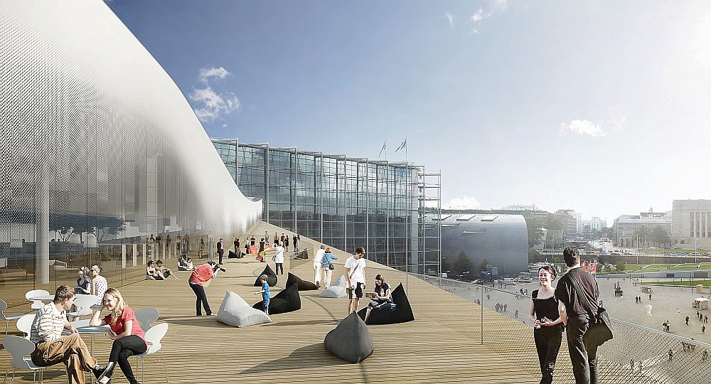 Helsinku Centrālās bibliotēkas balkons. Tālumā saskatāma Parlamenta ēka un Laikmetīgās mākslas muzejs “Kiasma”. Projekta vizualizācija.