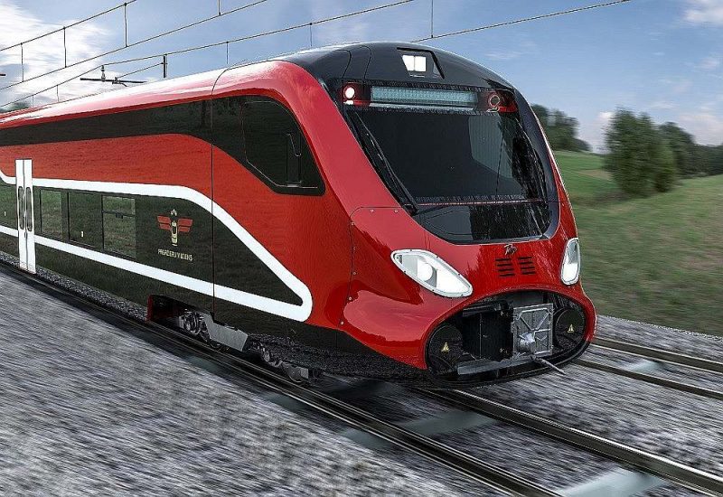 Spānijas uzņēmuma “Talgo” elektrovilciens var pārvadāt 450 pasažierus.