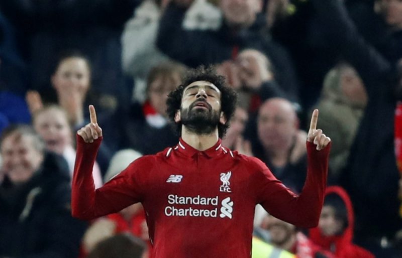“Liverpool” uzbrukuma līderis Muhameds Salāhs pēc vārtu guvuma mačā ar “Napoli”.