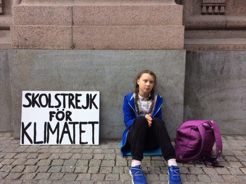 15 gadus vecā skolniece Grēta Thunberga tā vietā, lai dotos uz skolu, katru dienu
pie Zviedrijas parlamenta ēkas protestēja pret valsts politiku klimata pārmaiņu
jautājumā.