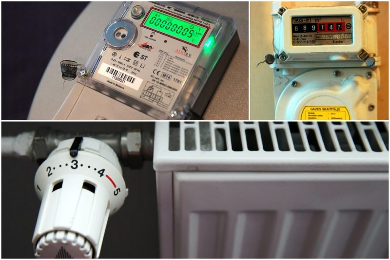 Elektroenerģijas skaitītājs, gāzes skaitītājs, radiators.