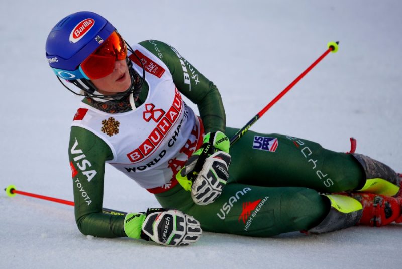 Mikaēla Šifrina pēc finiša pasaules čempionātā slaloma disciplīnā.