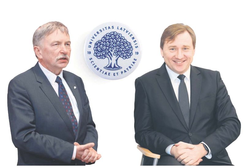 Latvijas Universitātes rektors Indriķis Muižnieks (no kreisās) un Biznesa, vadības un ekonomikas fakultātes dekāns Gundars Bērziņš sacentīsies par to, kurš vadīs LU nākamos piecus gadus.