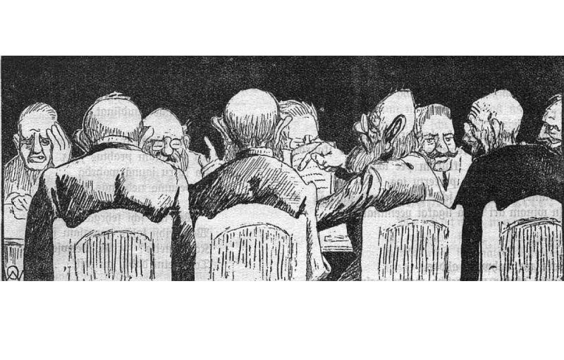 RLB Zinību komisijas sēde. Karikatūra 1915. gada satīras žurnālā “Lietuvēns”.