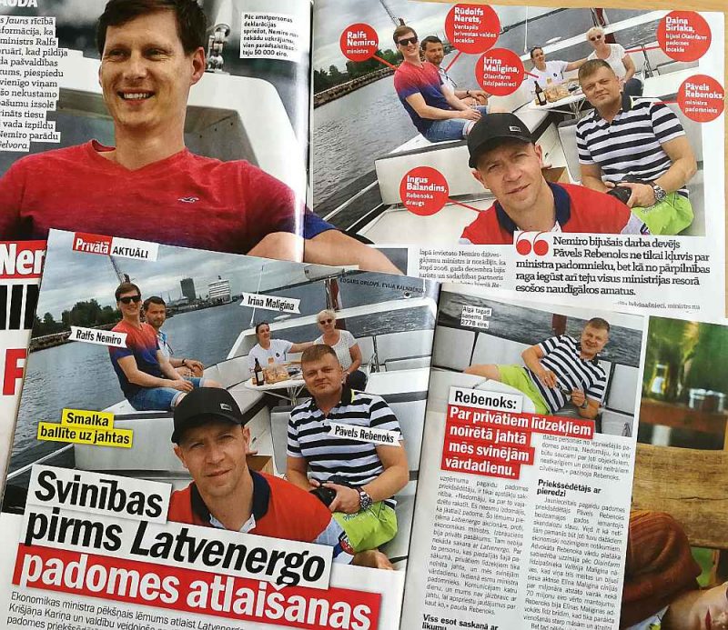 Žurnālos “Kas Jauns” un “Privātā Dzīve” šonedēļ publiskotas fotogrāfijas no feisbuka, kurās redzams, kā ekonomikas ministrs Ralfs Nemiro kopā ar savu padomnieku advokātu Pāvelu Rebenoku (kurš bijis arī “Olainfarm” padomes priekšsēdētājs) un citiem ļaudīm atpūšas uz jahtas.