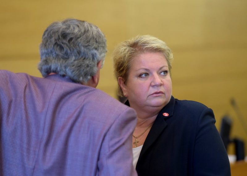 Rīgas domes deputāti Anna Vladova un Mihails Kameņeckis pirms Rīgas domes ārkārtas sēdes, kurā lems par vicemēra ievēlēšanu un par kandidātiem uz Rīgas brīvostas pārvaldes valdes locekļu amatiem.