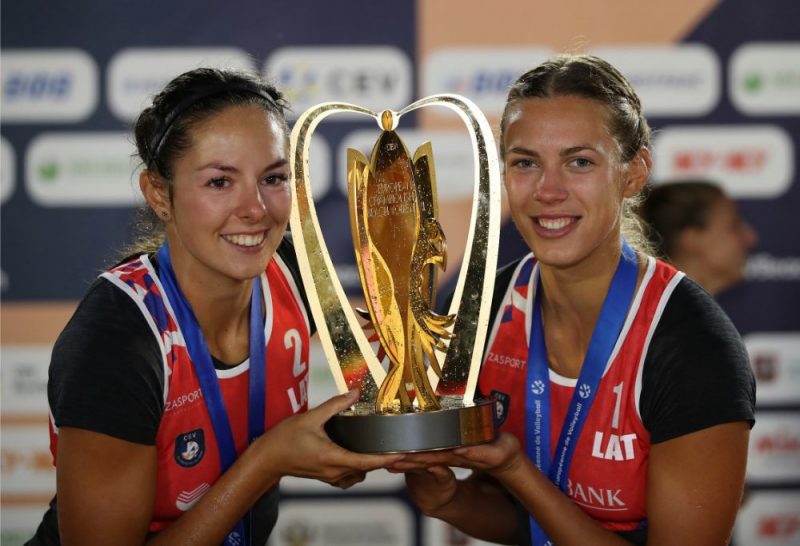 Anastasija Kravčenoka un Tīna Graudiņa ar Eiropas čempionu kausu.