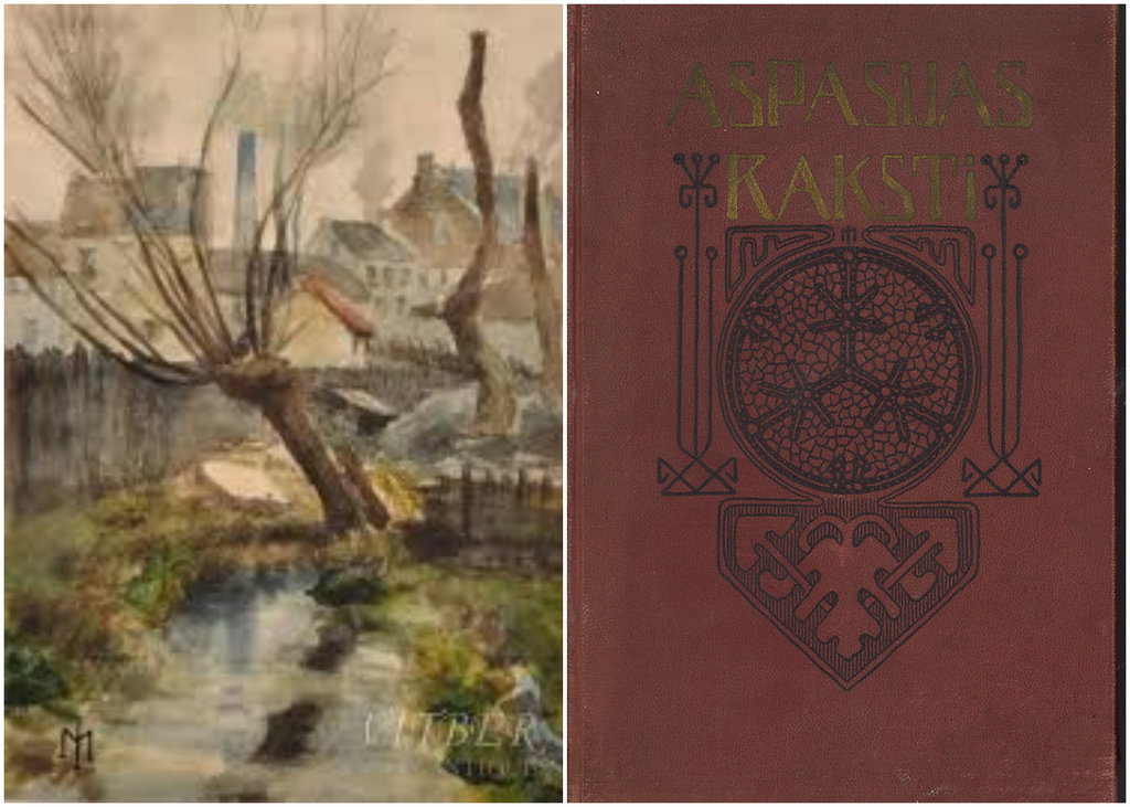Jūlija Madernieka gleznota Briseles ainava (pa kreisi) un vāks Aspazijas Kopotiem rakstiem.
