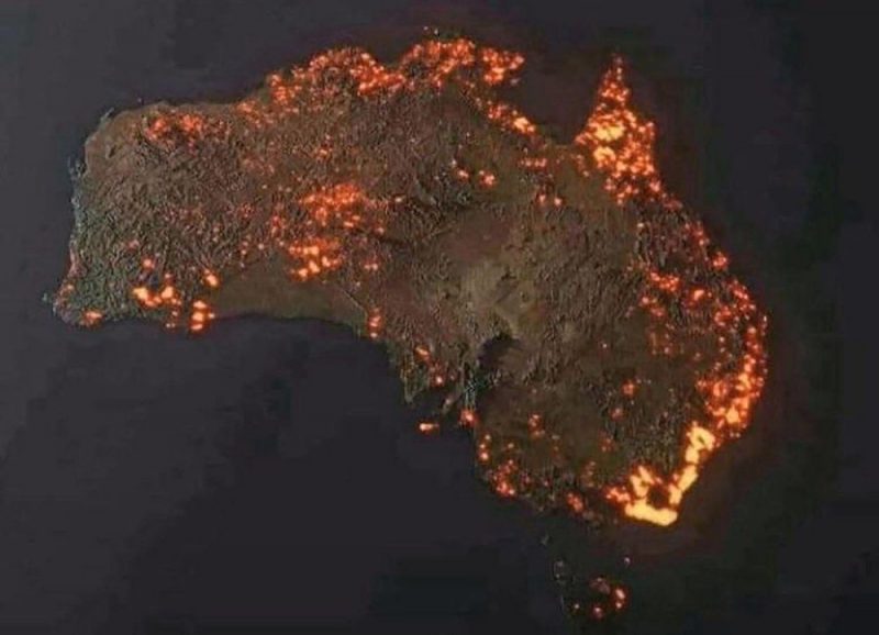 Ugunsgrēku zonu 3D attēls, ko uz NASA sniegto ziņu pamata izveidojis Entonijs Hersijs.
