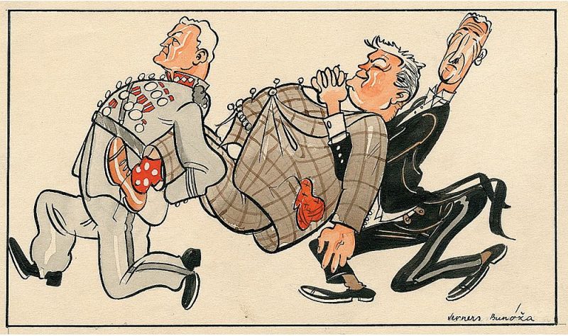 Karikatūra par Latviešu zemnieku savienības deputātu kandidātiem Jāni Balodi, Kārli Ulmani un Hugo Celmiņu 4. Saeimas vēlēšanās. Mākslinieks Aleksandrs Verners Bundža, oriģināls LNVM krājumā. Publicēts: “Kultūras Balss satīriskais kalendārs 1932. gadam”. Rīga, 1931. gads.