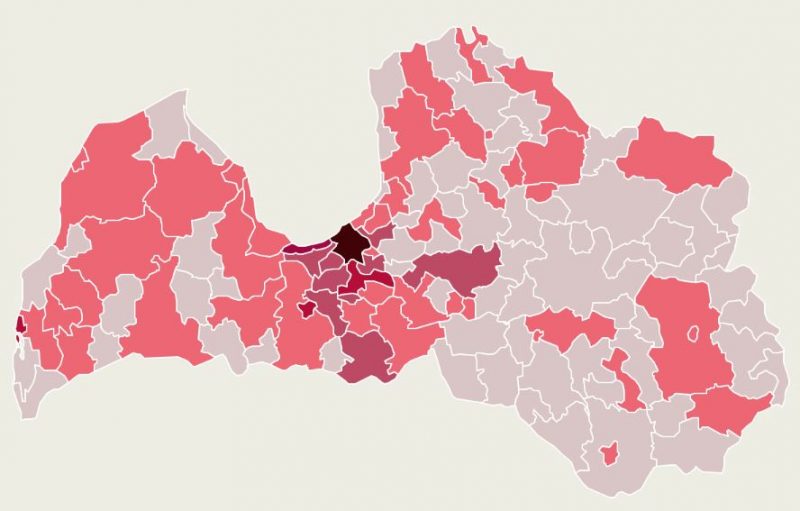 Apstiprināto saslimšanu skaits ar Covid-19 Latvijas pašvaldībās. Dati līdz 4.aprīļa 9.00.