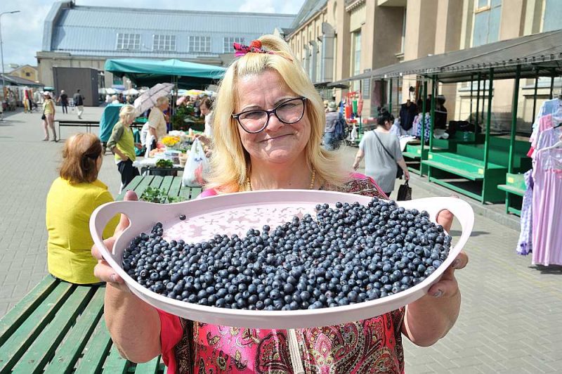 Ilga Priede no Vecumnieku novada vakar Rīgas Centrāltirgū savā privātajā mežā salasītās mellenes tirgoja par pieciem eiro litrā.