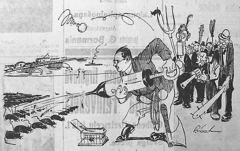 1930. gada karikatūra par Rīgas cīņu pret žurkām.